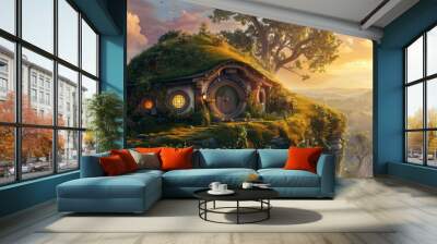 Landscape with hobbit house in the county, fantasy and fiction concept Wall mural